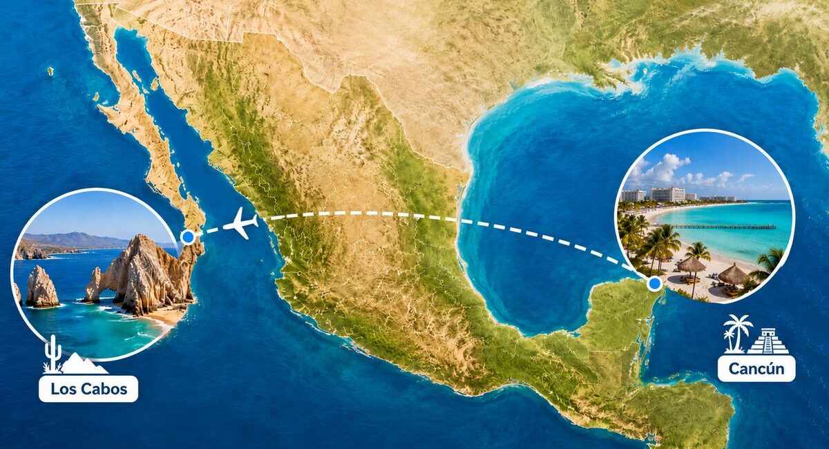 Map showing a flight path from Los Cabos to Cancún with insets of each destination over the coast of Mexico.