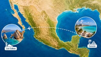 Map showing a flight path from Los Cabos to Cancún with insets of each destination over the coast of Mexico.