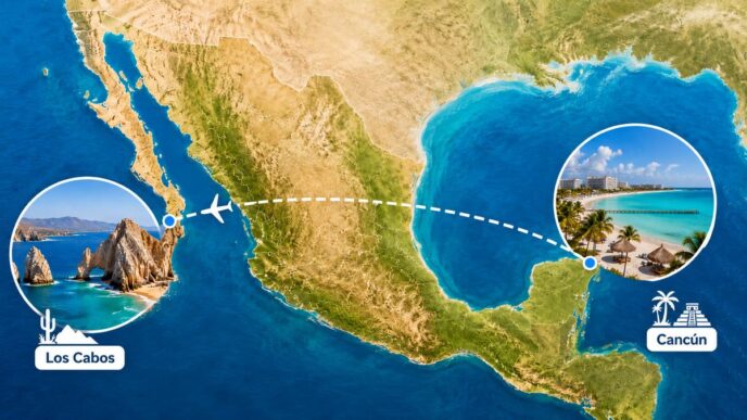 Map showing a flight path from Los Cabos to Cancún with insets of each destination over the coast of Mexico.
