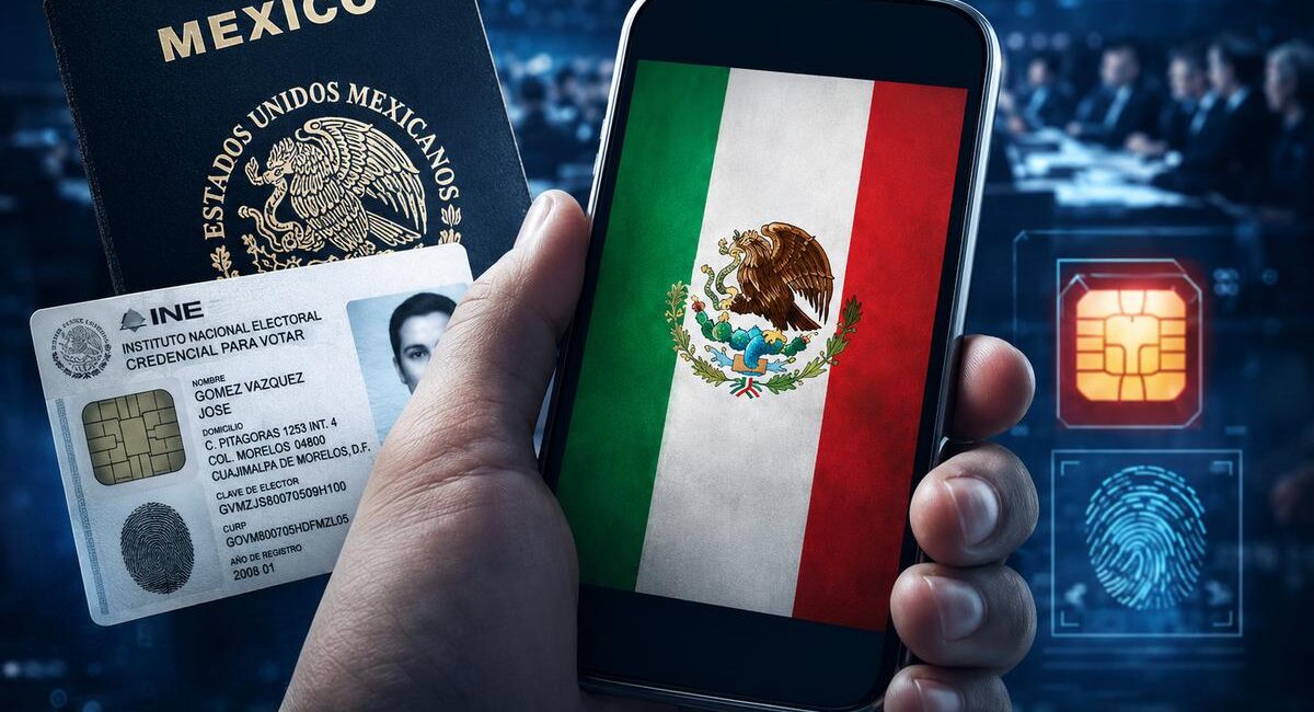 Hand holding a smartphone displaying the Mexican flag, with a Mexican passport and INE voter ID card in the foreground.