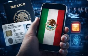 Hand holding a smartphone displaying the Mexican flag, with a Mexican passport and INE voter ID card in the foreground.