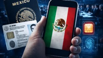 Hand holding a smartphone displaying the Mexican flag, with a Mexican passport and INE voter ID card in the foreground.