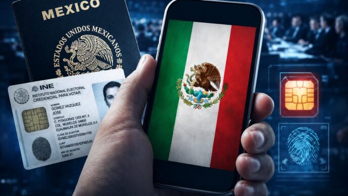 Hand holding a smartphone displaying the Mexican flag, with a Mexican passport and INE voter ID card in the foreground.