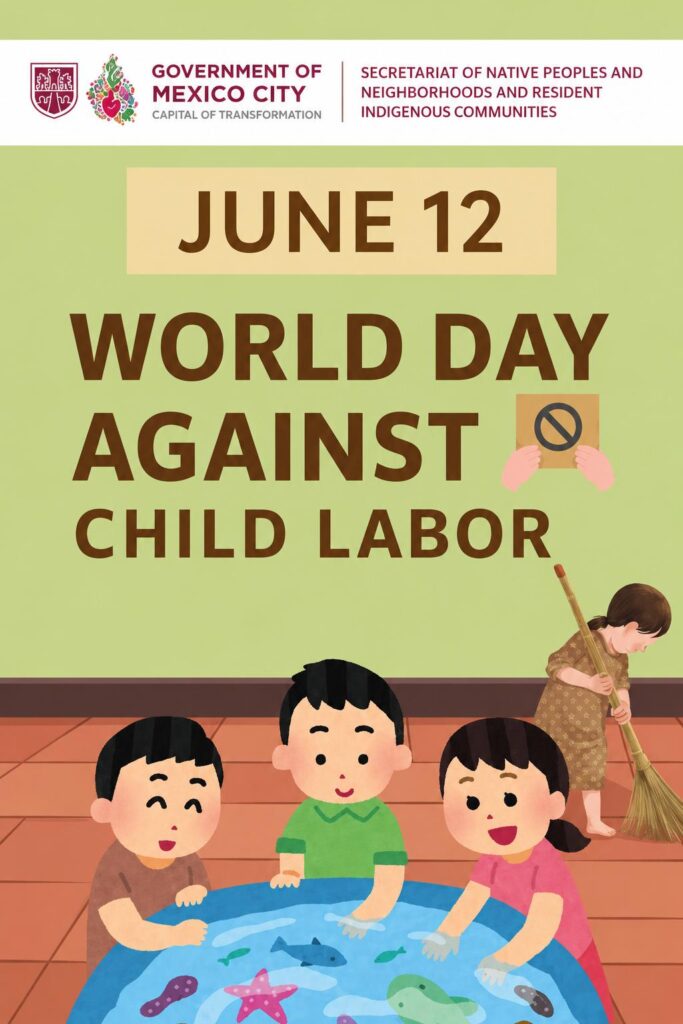 Child-Labor - Gringo Gazette Poster announcing June 12 World Day Against Child Labor with government logos at top and children playing with a water table in a classroom-like setting.