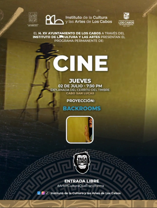 Cartel promocional de un evento de cine: el título CINE en letras grandes, indica proyección de BACKROOMS, fecha y lugar en la parte superior, y muestra que la entrada es libre; logos institucionales en la cabecera.