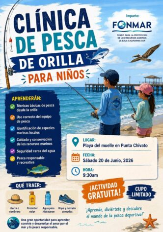 Poster for a kids' beach fishing clinic at Punta Chivato, with two children fishing; June 20, 2026, 9:30am; free activity.