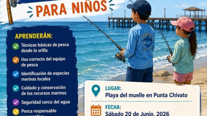 Poster for a kids' beach fishing clinic at Punta Chivato, with two children fishing; June 20, 2026, 9:30am; free activity.