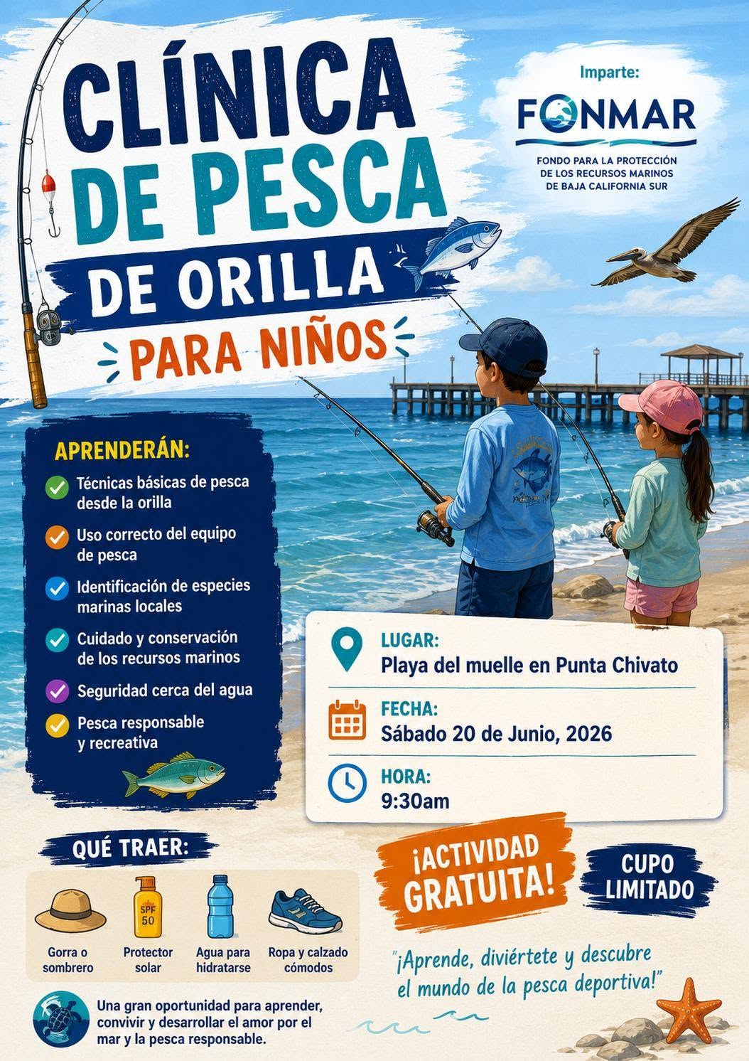 Poster for a kids' beach fishing clinic at Punta Chivato, with two children fishing; June 20, 2026, 9:30am; free activity.