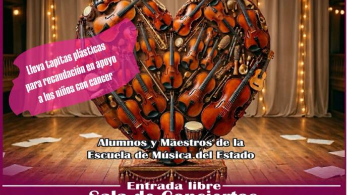 Poster for Concierto de Corazón fundraiser: 26 jun 2026, 18:00, Sala de Conciertos Mtro. Luis Peláez García, Morelos 1055, Centro; plastic caps donation for children with cancer; heart-shaped violin collage in background.
