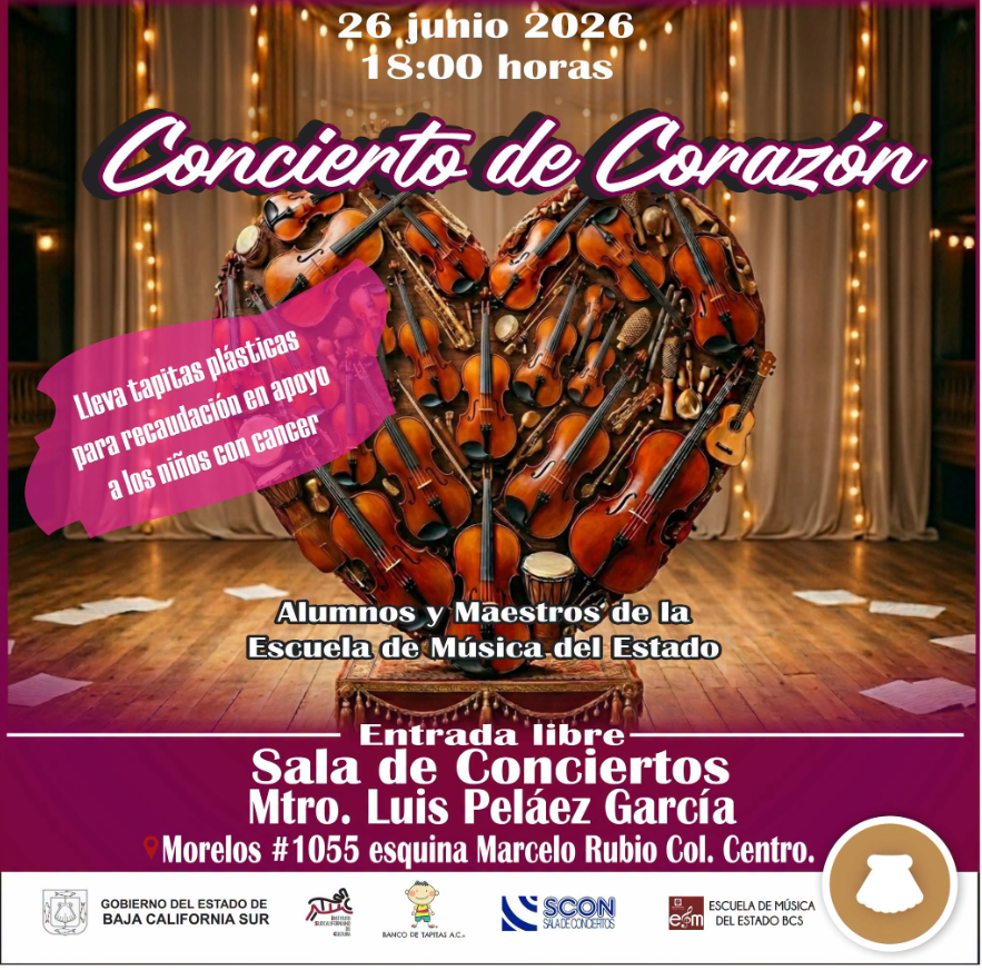 Poster for Concierto de Corazón fundraiser: 26 jun 2026, 18:00, Sala de Conciertos Mtro. Luis Peláez García, Morelos 1055, Centro; plastic caps donation for children with cancer; heart-shaped violin collage in background.