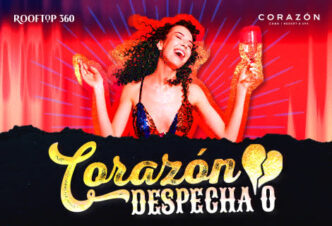 Vibrant party poster with a dancing woman holding a champagne bottle against a red neon background; title 'Corazón Despechado' with a broken-heart symbol and sponsor logos Rooftop 360 and Corazón.