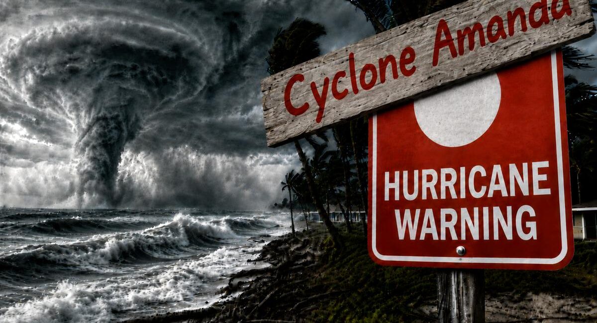 Coastal scene with a massive cyclone approaching and a red Hurricane Warning sign reading Cyclone Amanda on a post beside the shore.