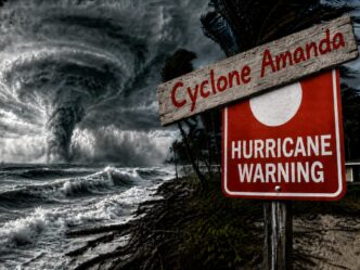 Coastal scene with a massive cyclone approaching and a red Hurricane Warning sign reading Cyclone Amanda on a post beside the shore.