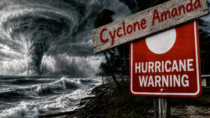Coastal scene with a massive cyclone approaching and a red Hurricane Warning sign reading Cyclone Amanda on a post beside the shore.