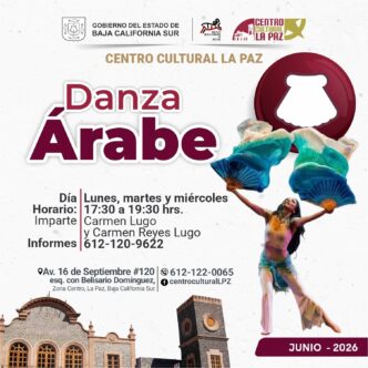 Poster advertising Danza Árabe at Centro Cultural La Paz, featuring a dancer with colorful fans and event details (schedule, location, contact).