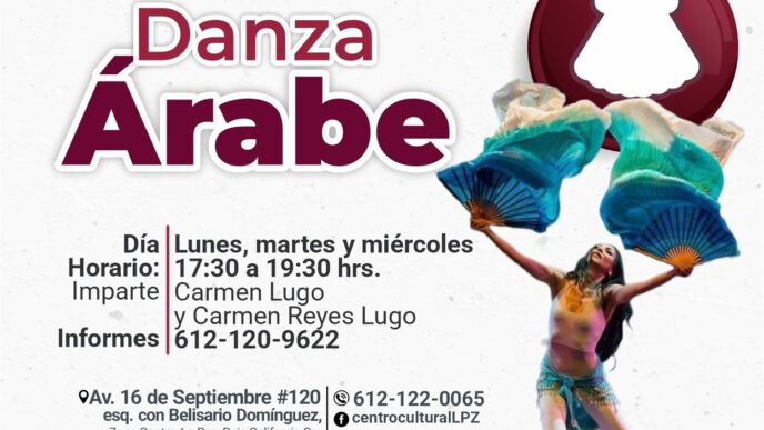 Poster advertising Danza Árabe at Centro Cultural La Paz, featuring a dancer with colorful fans and event details (schedule, location, contact).