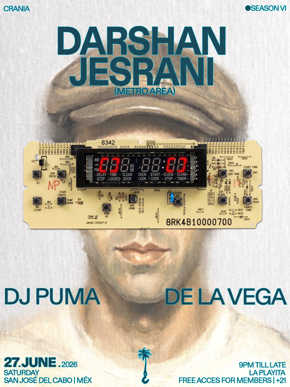 Poster advertising DJ Darshan Jesrani (Metro Area) with a clock display across the eyes of a painted face, June 27, 2026, in México.