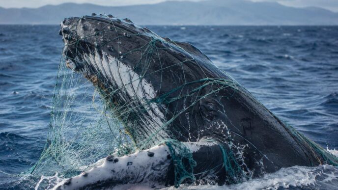 Humpback whale entangled in green fishing nets in the open ocean.