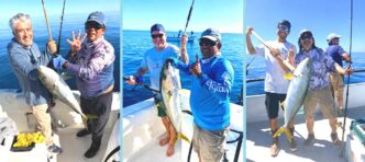 Triptych of anglers on a boat posing with yellowtail fish against a blue ocean backdrop.