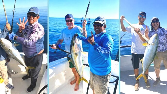 Triptych of anglers on a boat posing with yellowtail fish against a blue ocean backdrop.