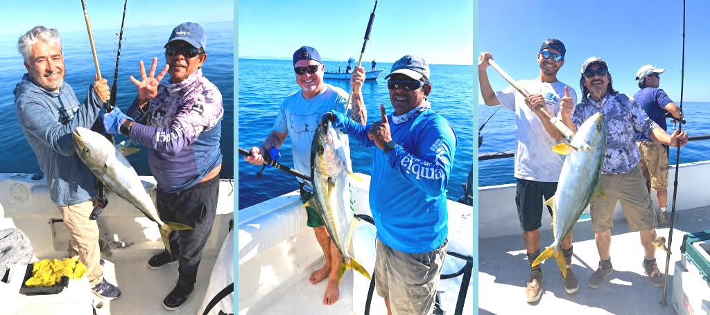 Triptych of anglers on a boat posing with yellowtail fish against a blue ocean backdrop.