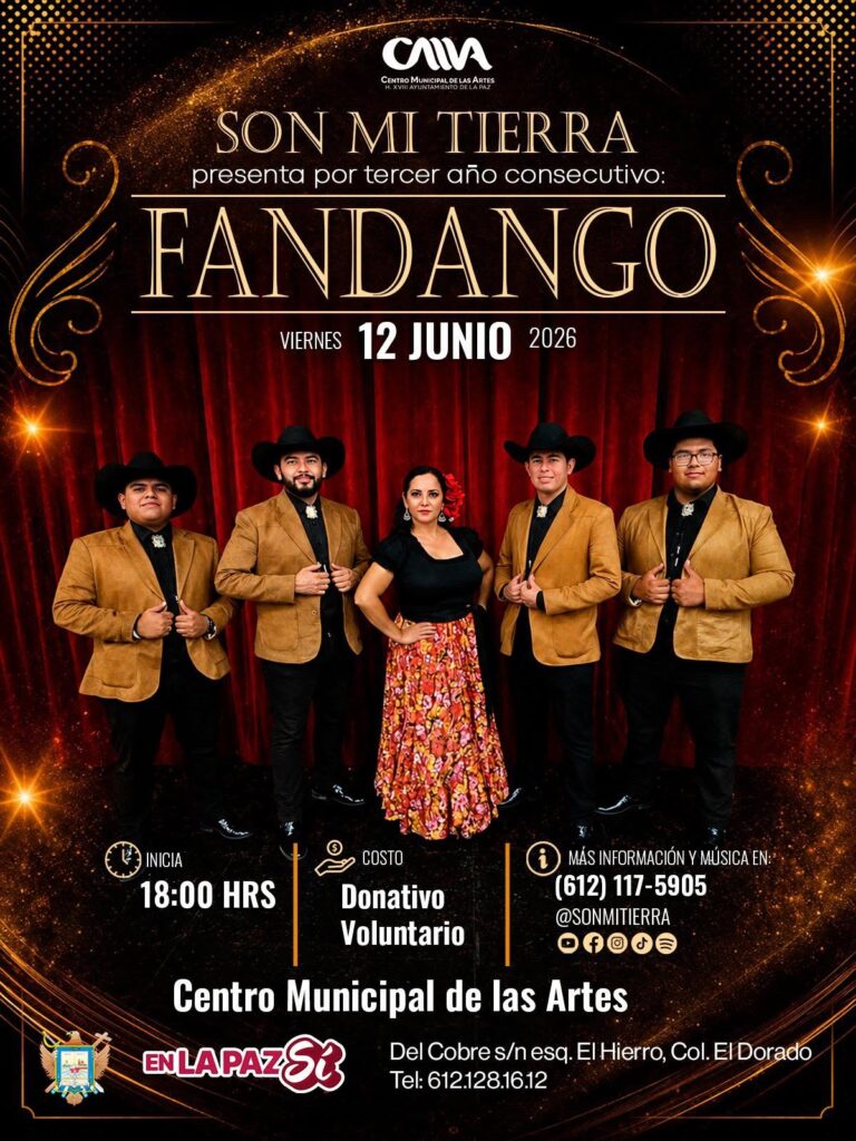 Event poster for FANDANGO concert at Centro Municipal de las Artes on June 12, 2026, with five performers in western outfits on stage.