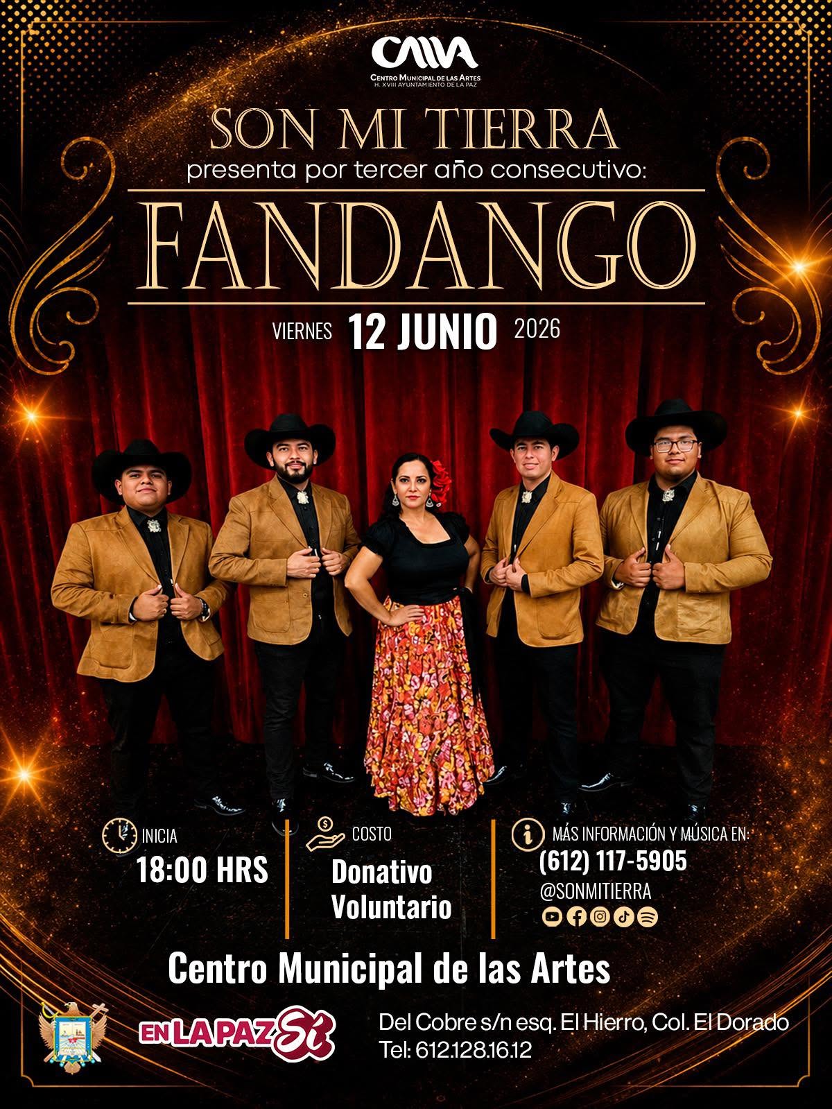 Event poster for FANDANGO concert at Centro Municipal de las Artes on June 12, 2026, with five performers in western outfits on stage.