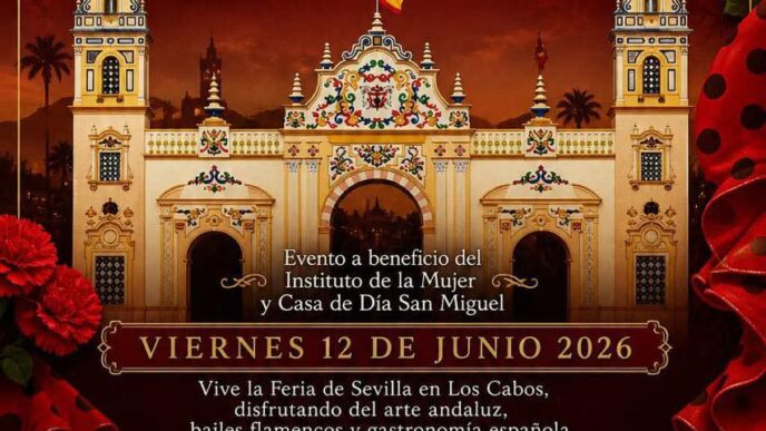 Poster for Feria de Sevilla en Los Cabos with a June 12, 2026 date and fundraiser theme at Roof Top 360 hotel site.