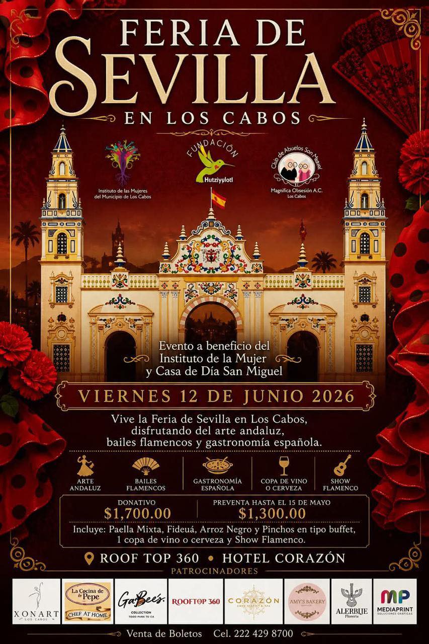 Poster for Feria de Sevilla en Los Cabos with a June 12, 2026 date and fundraiser theme at Roof Top 360 hotel site.