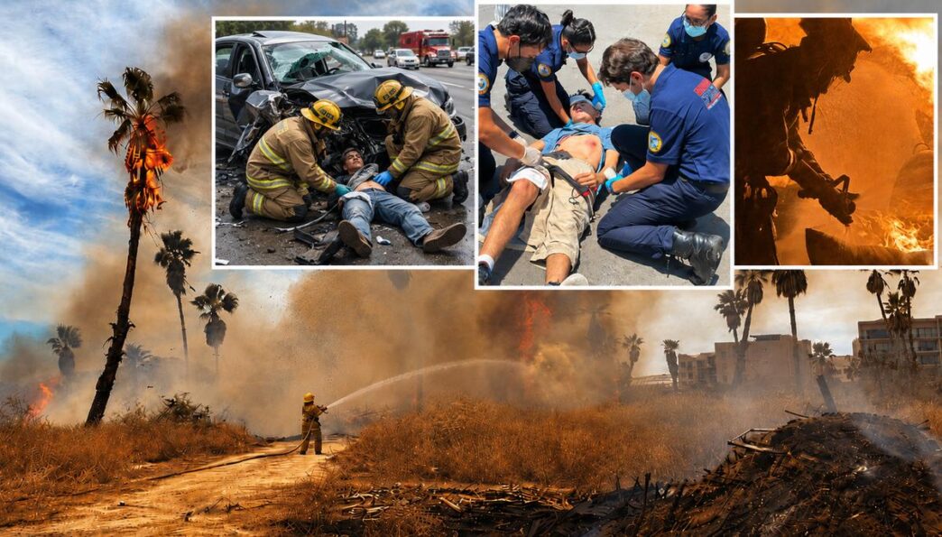 Firefighters rescue injured people amid a large wildfire with flames and smoke in the background (collage including medical aid scenes).
