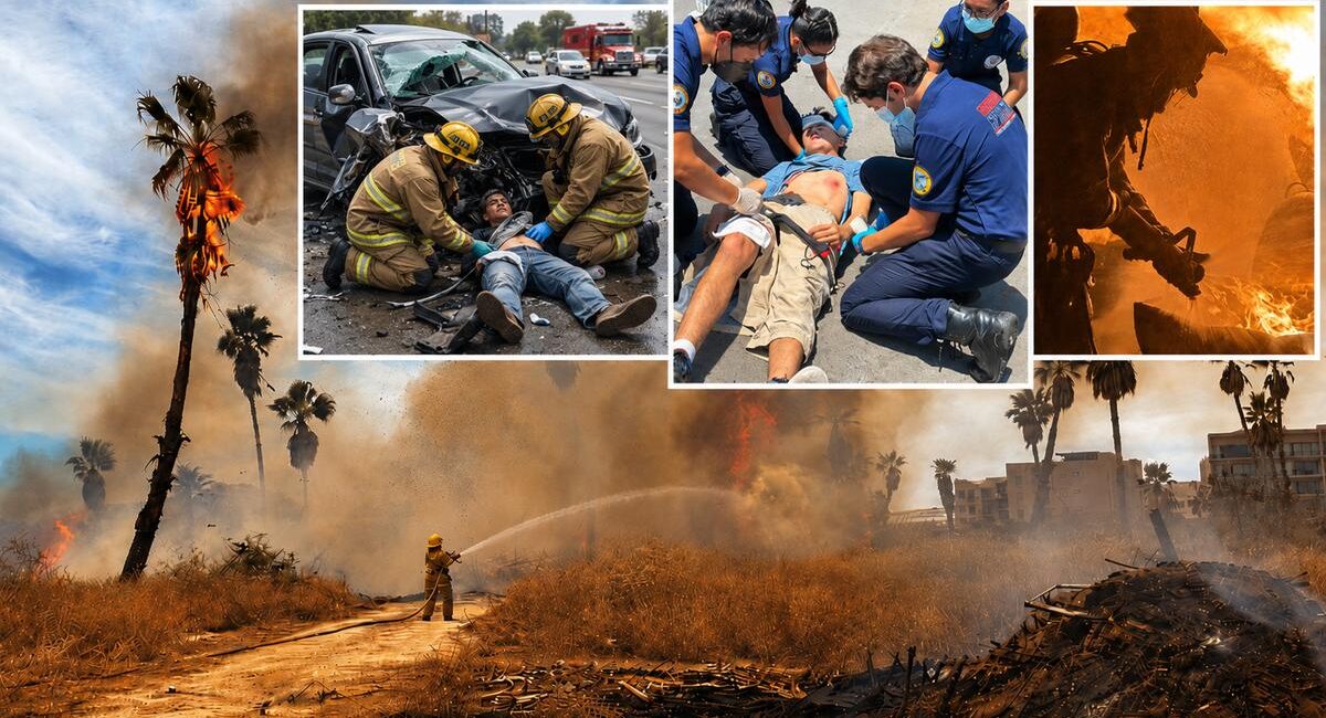 Firefighters rescue injured people amid a large wildfire with flames and smoke in the background (collage including medical aid scenes).