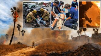 Firefighters rescue injured people amid a large wildfire with flames and smoke in the background (collage including medical aid scenes).