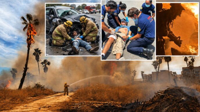 Firefighters rescue injured people amid a large wildfire with flames and smoke in the background (collage including medical aid scenes).