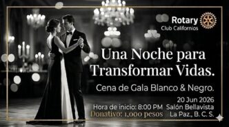 Black-and-white gala invitation showing a dancing couple with Rotary Club Californios branding and details for 'Una Noche para Transformar Vidas' dinner fundraiser.