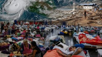 Hurricane - Gringo Gazette Composite disaster scene: a hurricane over the sea approaching land, wrecked shoreline with debris, and a crowded indoor shelter filled with evacuees on beds or mats.