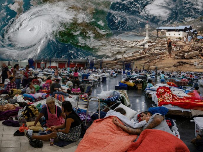 Composite disaster scene: a hurricane over the sea approaching land, wrecked shoreline with debris, and a crowded indoor shelter filled with evacuees on beds or mats.
