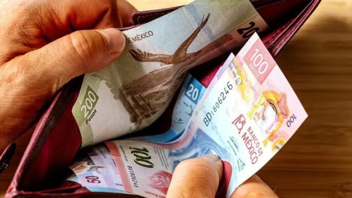 Person holding a red wallet open, exposing several colorful Mexican peso banknotes inside. Clarifies currency and wallet use.