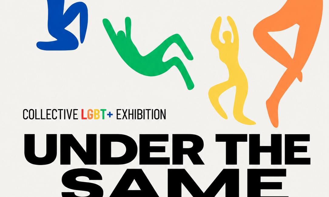 Poster for 'Under the Same Sun' LGBT+ collective exhibition, featuring colorful abstract human figures and bold black title text with yellow 'SUN'.