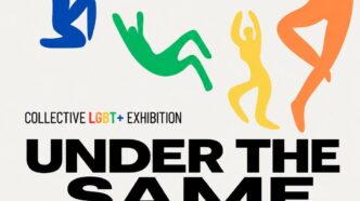 Poster for 'Under the Same Sun' LGBT+ collective exhibition, featuring colorful abstract human figures and bold black title text with yellow 'SUN'.