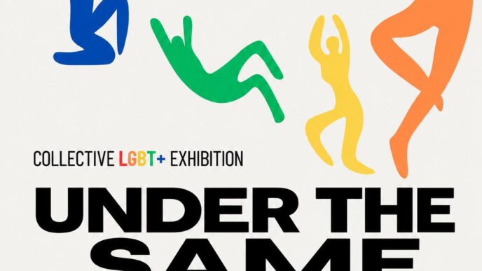 Poster for 'Under the Same Sun' LGBT+ collective exhibition, featuring colorful abstract human figures and bold black title text with yellow 'SUN'.