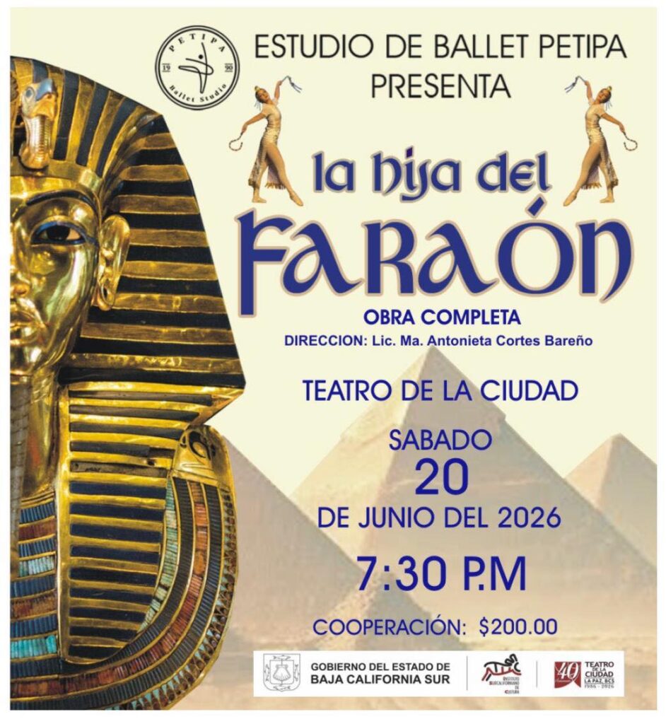 La hija del faraon - Gringo Gazette Promotional poster for the ballet La hija del faraón with a golden pharaoh mask and pyramids, including date and time details of the show.