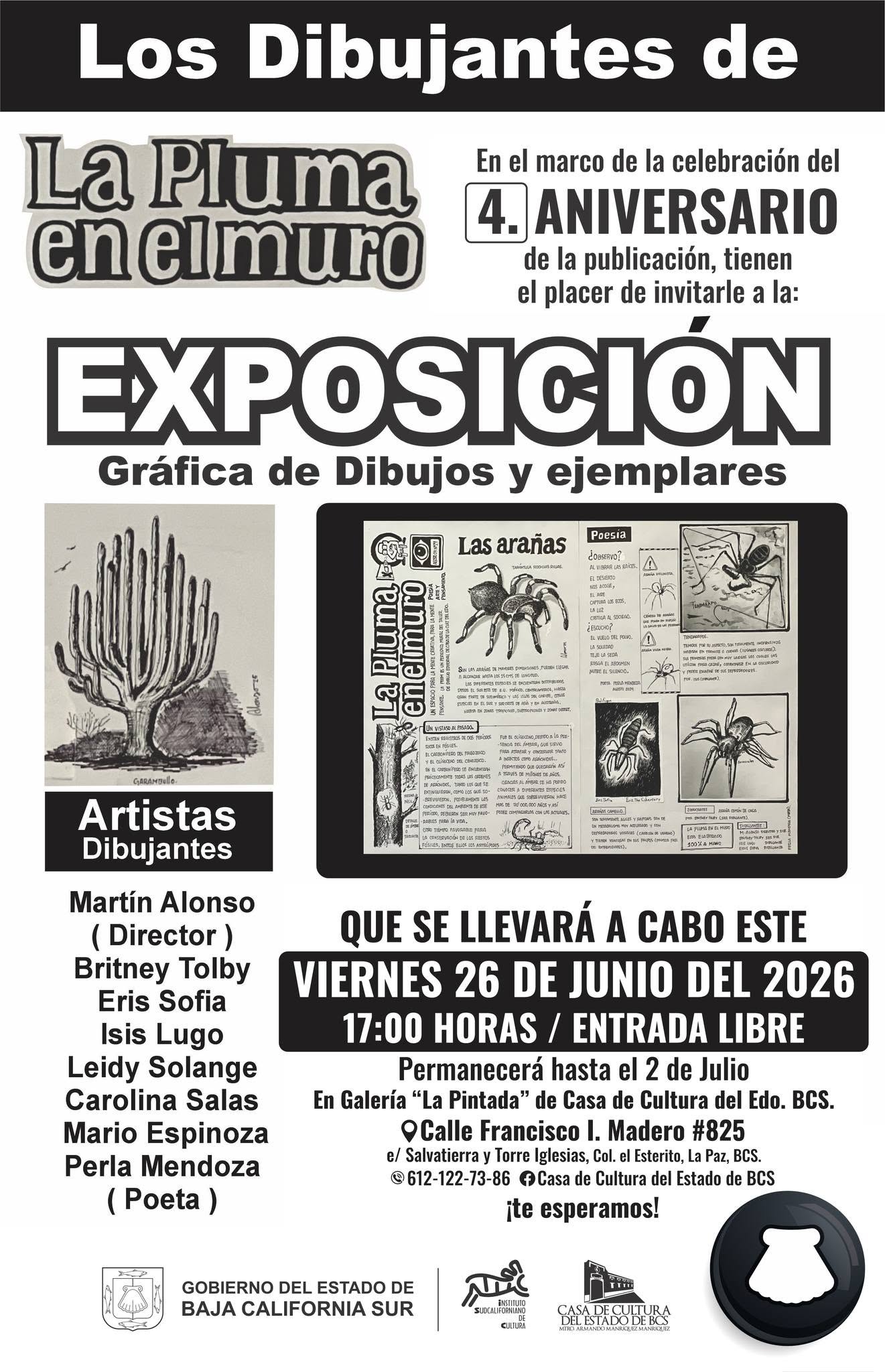 Poster for an art exhibition titled Exposición Gráfica de Dibujos y ejemplares, with the date and venue details visible in Spanish.
