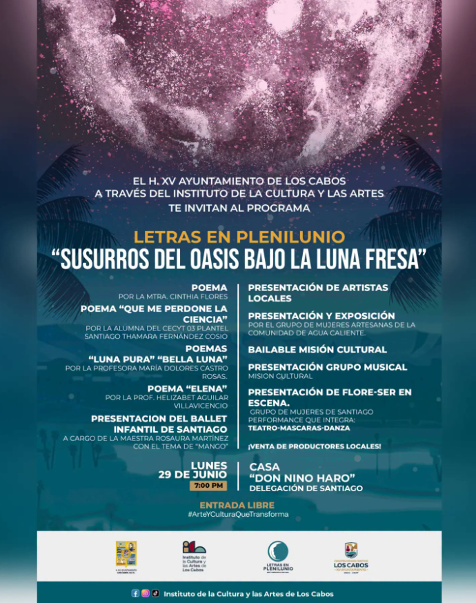 Cartel cultural nocturno con luna llena y palmeras; incluye poemas y presentaciones artísticas, 29 de junio a las 7 PM en Casa Don Niño Haro.