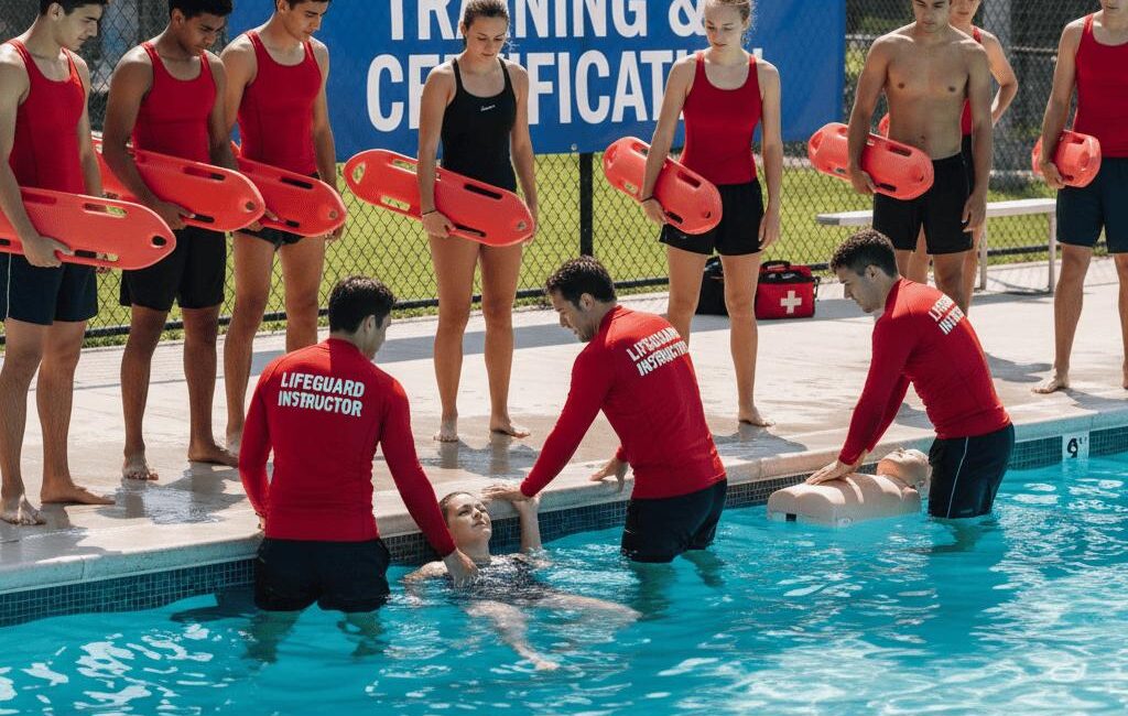 Lifeguard trainees stand with orange rescue boards at the pool edge while instructors help a swimmer in the water; banner reads Lifeguard Training & Certification.