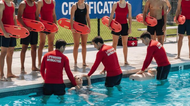 Lifeguard trainees stand with orange rescue boards at the pool edge while instructors help a swimmer in the water; banner reads Lifeguard Training & Certification.