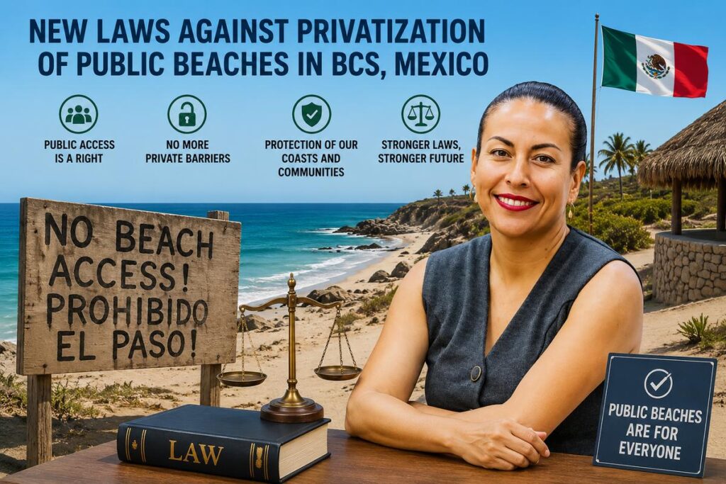 Smiling woman at a desk on a beach promoting laws to protect public beaches in Baja California Sur, Mexico.