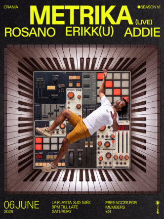 Promotional poster for Metрика Live featuring Rosano, Erkku, Addie; shows a man on a vintage synthesizer inside a piano-key tunnel, neon yellow text above.