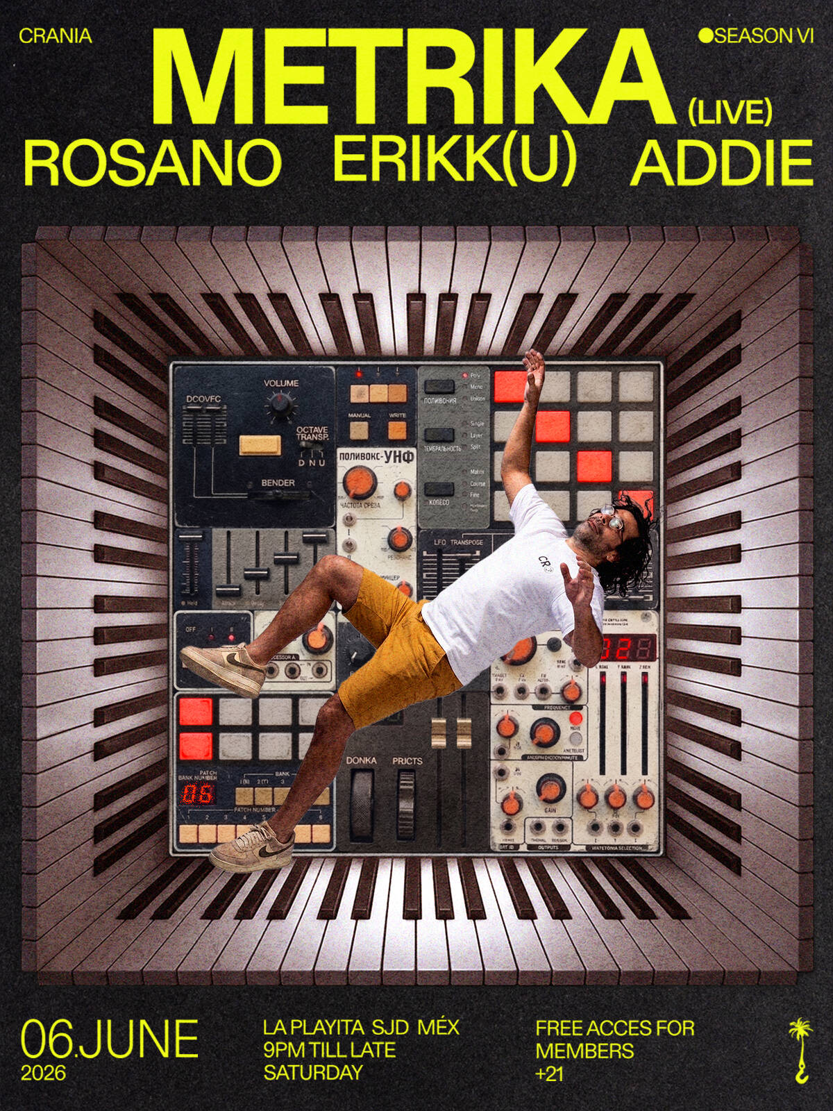 Promotional poster for Metрика Live featuring Rosano, Erkku, Addie; shows a man on a vintage synthesizer inside a piano-key tunnel, neon yellow text above.