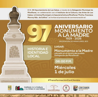 Poster publicitario anunciando el 97° aniversario del Monumento a la Madre (1929–2026) con la estatua a la izquierda y detalles del evento en español, en tonos dorados y marrones.