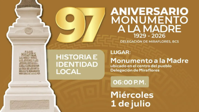 Poster publicitario anunciando el 97° aniversario del Monumento a la Madre (1929–2026) con la estatua a la izquierda y detalles del evento en español, en tonos dorados y marrones.